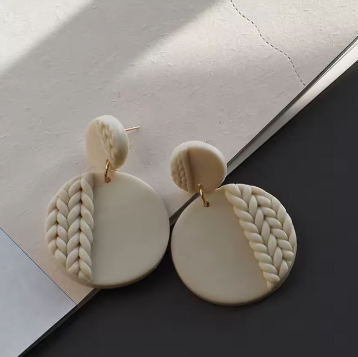 Handmade Knitting Braided Pattern Disc Antique Cute Clay Pendant Earrings