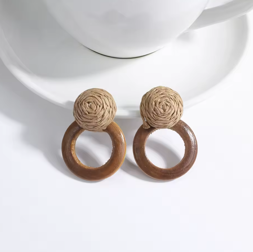 Boho Handmade Geometric Wooden Rattan Braid Drop Earrings