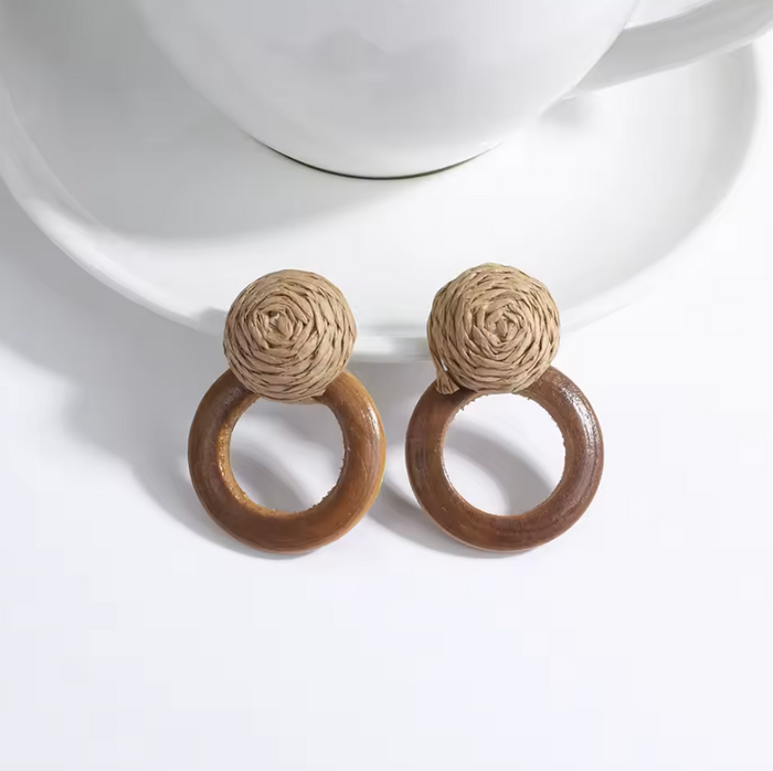 Boho Handmade Geometric Wooden Rattan Braid Drop Earrings