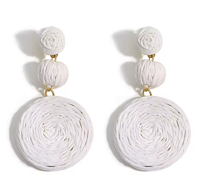 Boho White Raffia Round Drop Earrings
