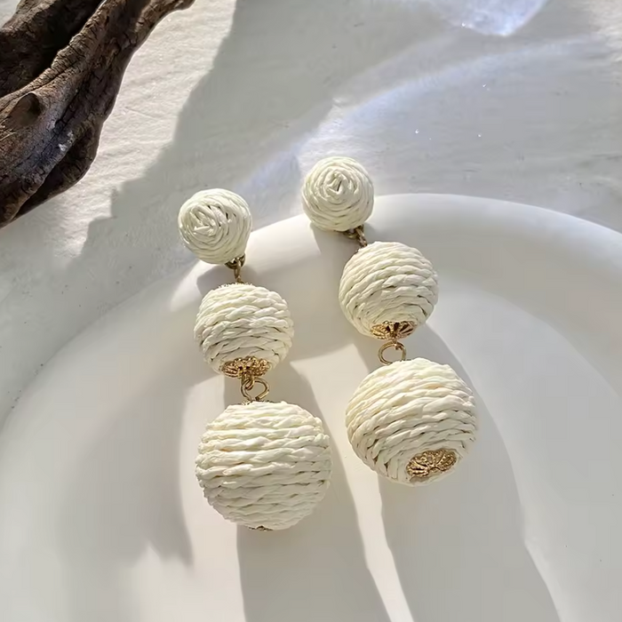 Handmade White Woven Ball Wood Drop Earrings