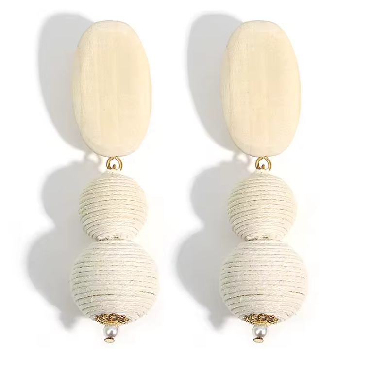 Handmade White Woven Ball Wood Drop Earrings