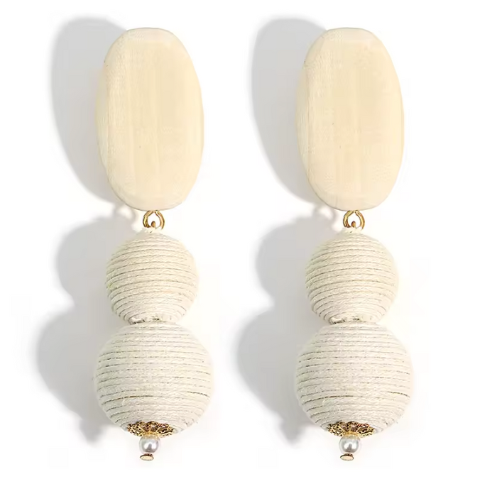 Handmade White Woven Ball Wood Drop Earrings