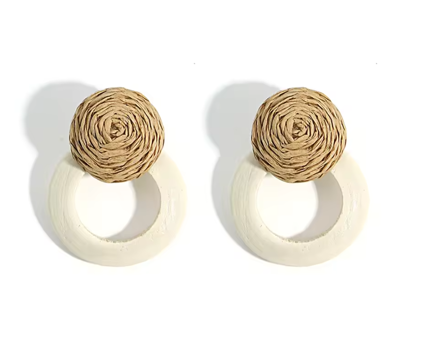 Handmade White Woven Ball Wood Drop Earrings