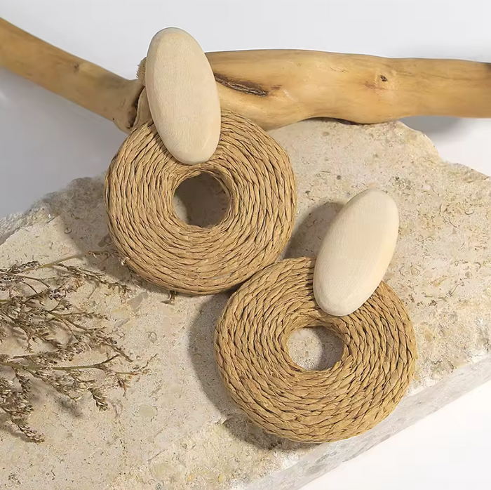 Handmade Braided Rattan Knit Wood Drop Earrings