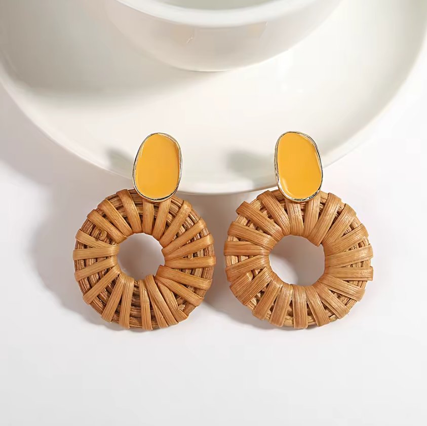 Handmade Wooden Rattan Knit Drop Earrings