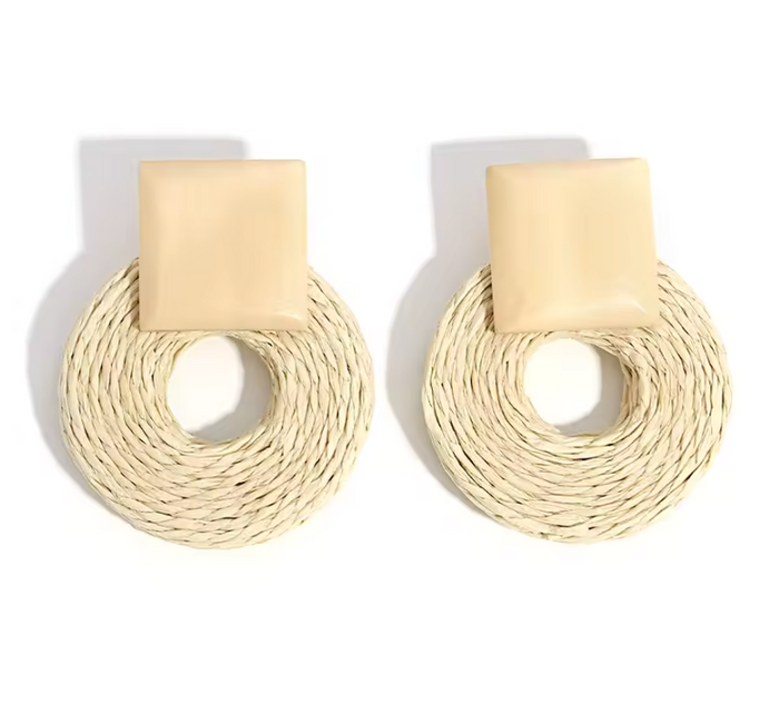Boho Rattan Knit Wooden Drop Earrings