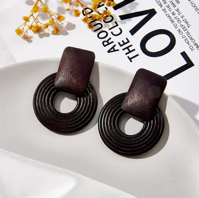 Boho Vintage Geometric Handmade Wooden Rattan Braid Earrings