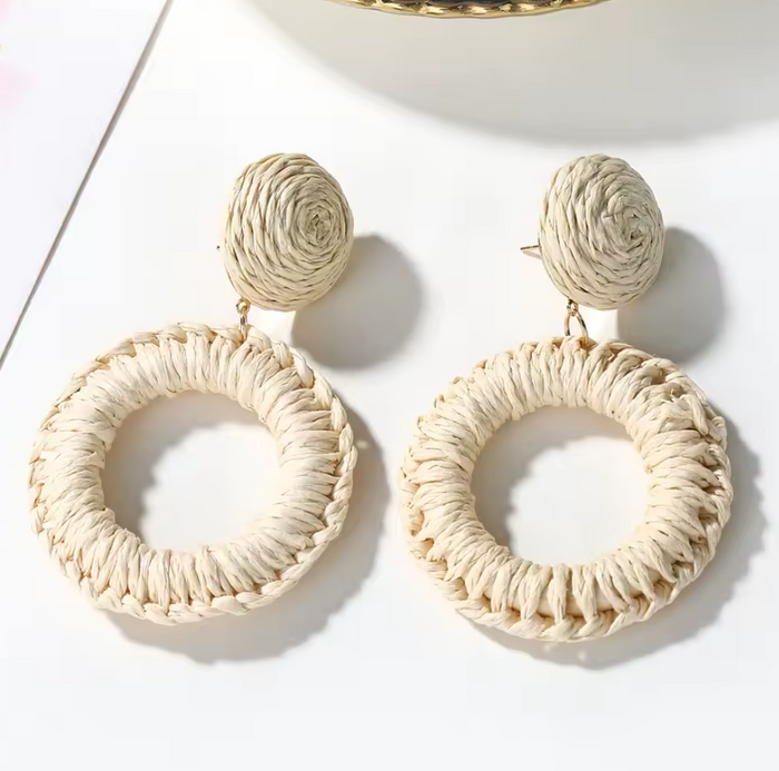 Boho Handmade Geometric Wooden Rattan Braid Drop Earrings