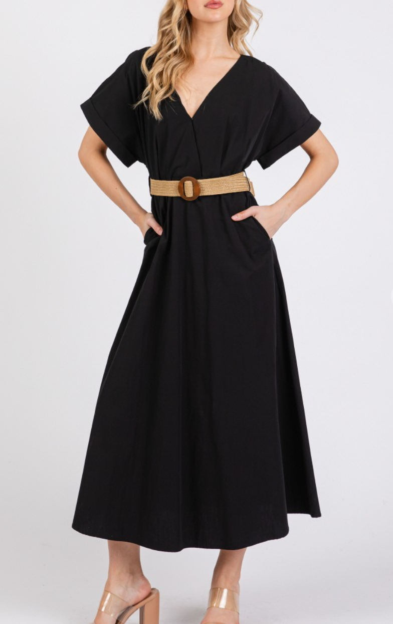 Woven Solid Short Sleeve V-Neck Maxi Dress