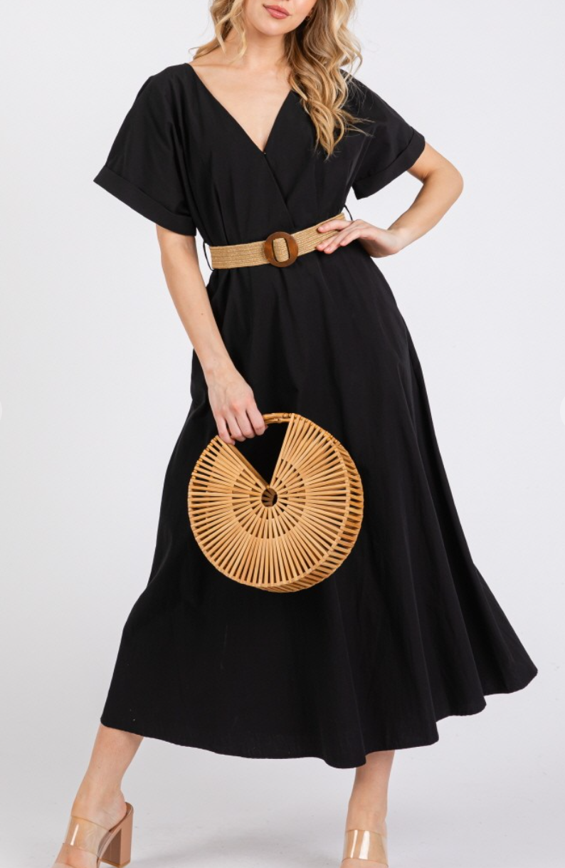 Woven Solid Short Sleeve V-Neck Maxi Dress