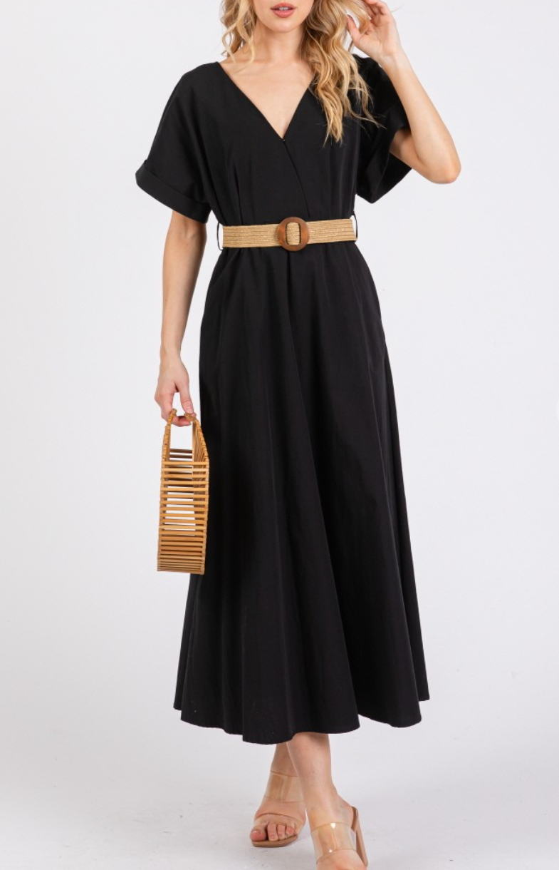 Woven Solid Short Sleeve V-Neck Maxi Dress