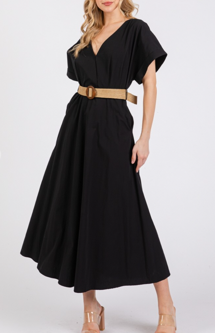 Woven Solid Short Sleeve V-Neck Maxi Dress