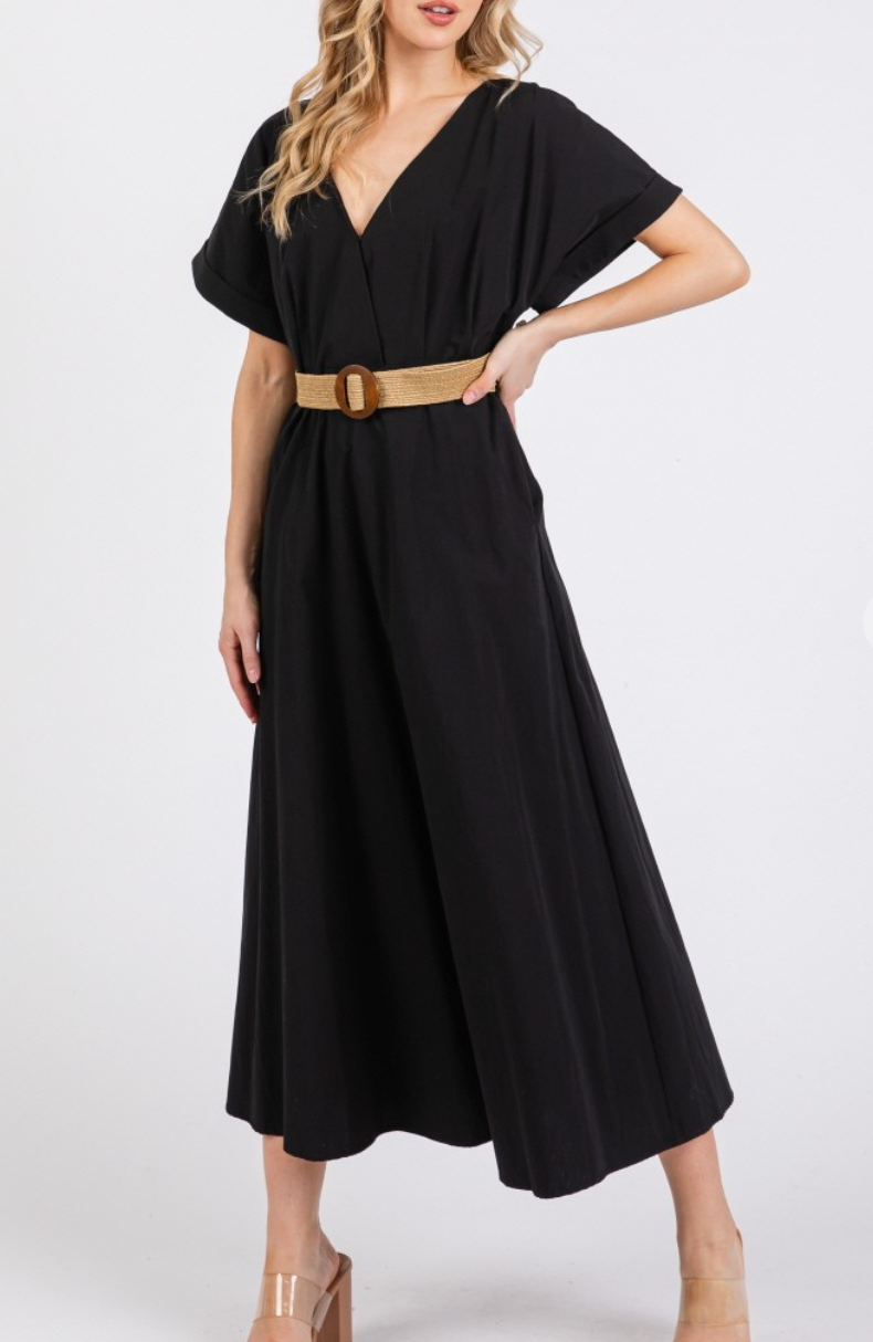 Woven Solid Short Sleeve V-Neck Maxi Dress