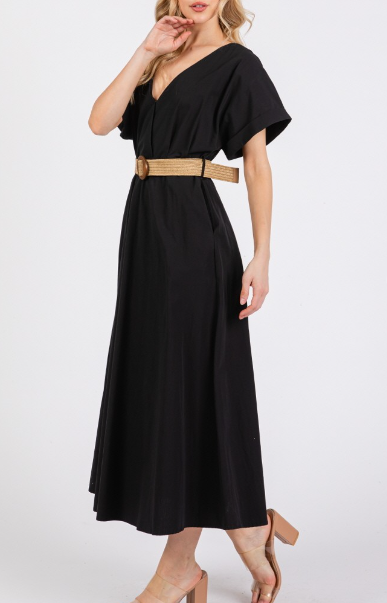 Woven Solid Short Sleeve V-Neck Maxi Dress