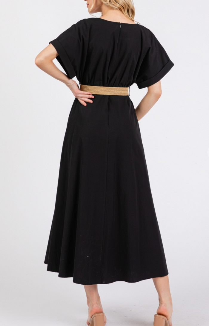 Woven Solid Short Sleeve V-Neck Maxi Dress