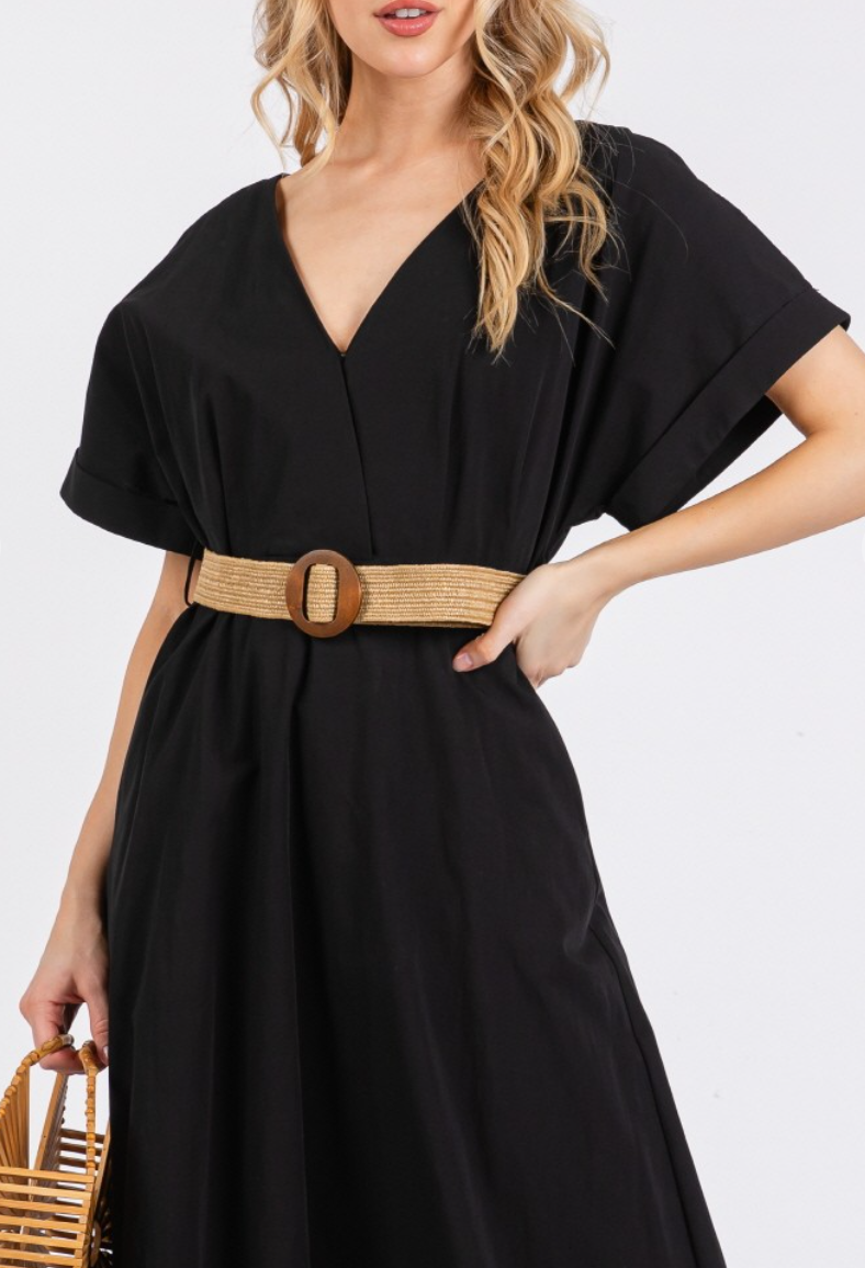 Woven Solid Short Sleeve V-Neck Maxi Dress
