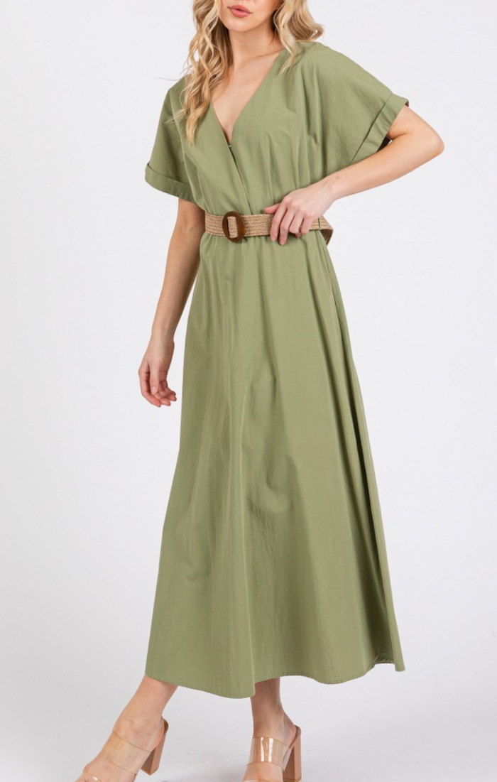 Woven Solid Short Sleeve V-Neck Maxi Dress