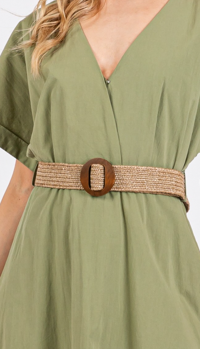 Woven Solid Short Sleeve V-Neck Maxi Dress