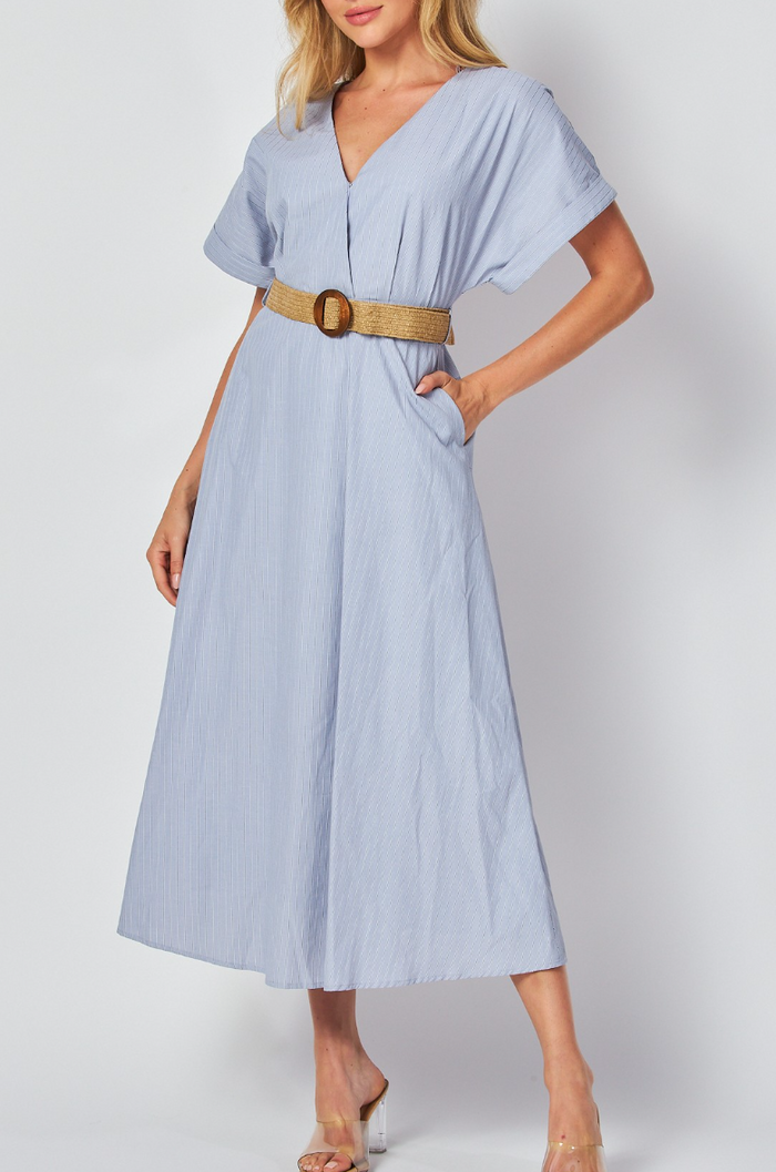 Woven Stripe Print Short Sleeve V-Neck Maxi Dress with Belt