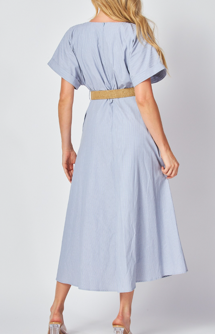 Woven Stripe Print Short Sleeve V-Neck Maxi Dress with Belt