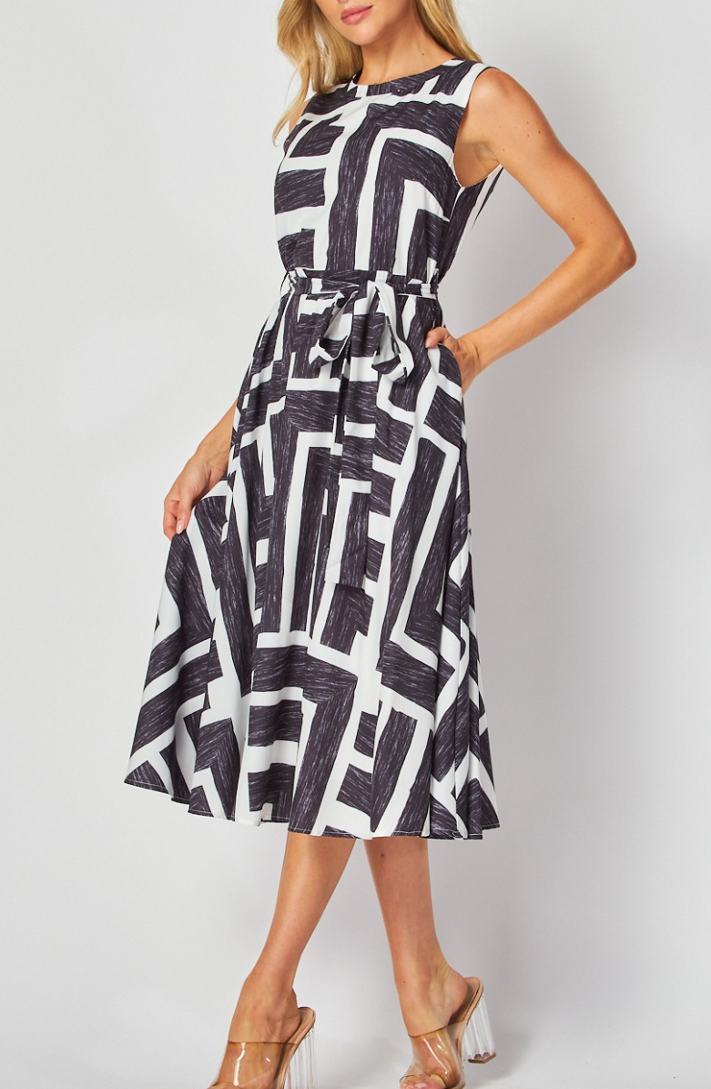 Woven Printed Sleeveless Midi Dress with Self Belt