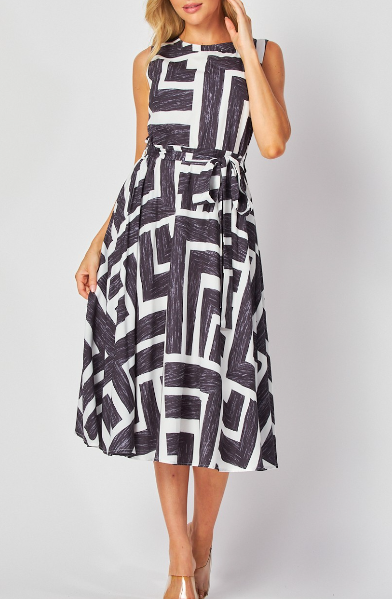 Woven Printed Sleeveless Midi Dress with Self Belt