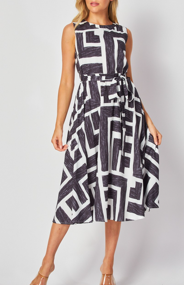 Woven Printed Sleeveless Midi Dress with Self Belt