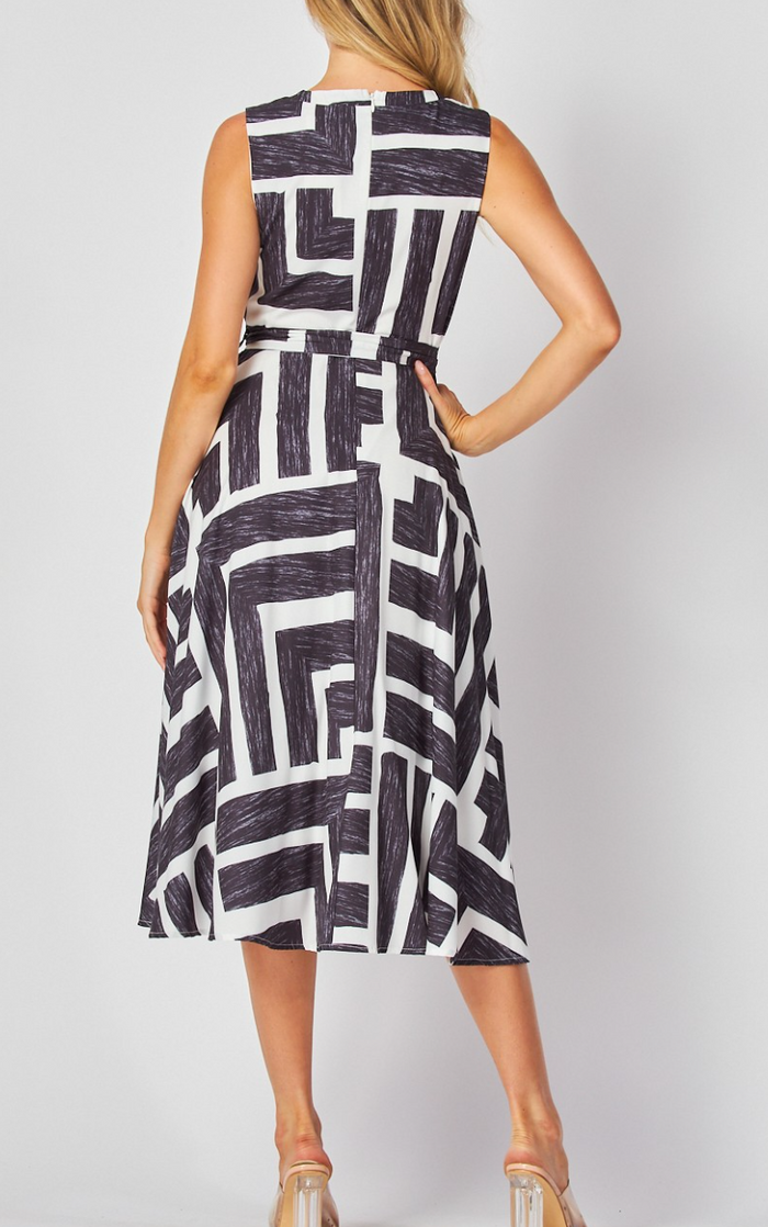 Woven Printed Sleeveless Midi Dress with Self Belt