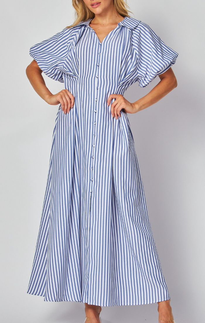 Woven Stripe Print Bubble Sleeve Button-Down Maxi Dress