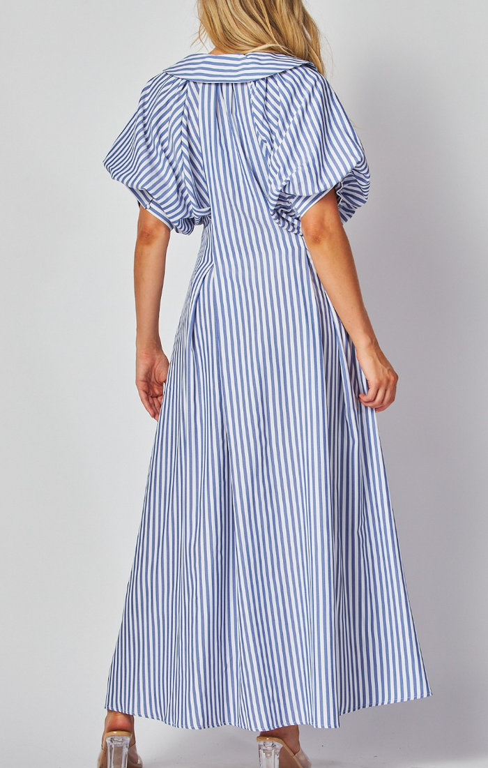 Woven Stripe Print Bubble Sleeve Button-Down Maxi Dress