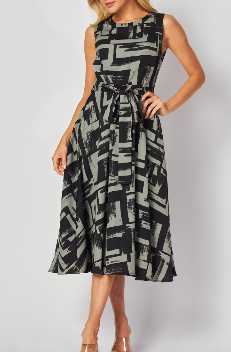 Woven Printed Sleeveless Midi Dress with Self Belt