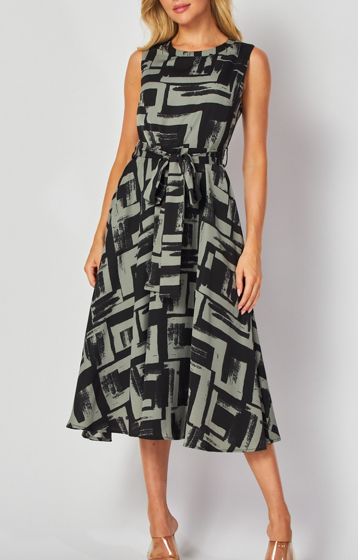 Woven Printed Sleeveless Midi Dress with Self Belt
