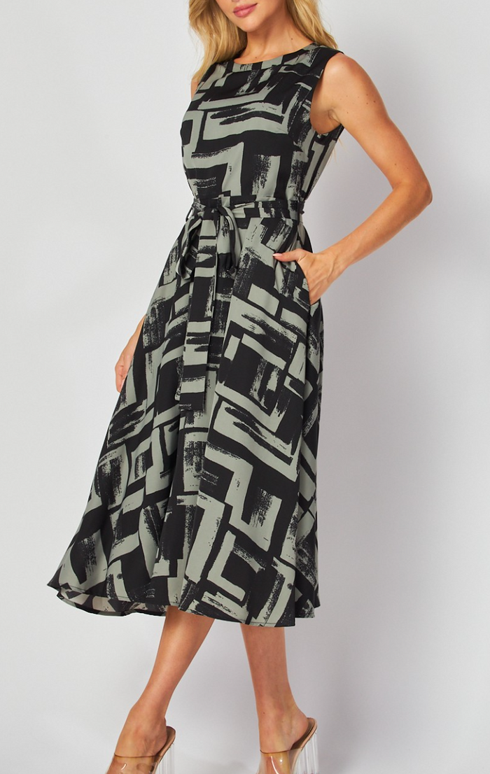 Woven Printed Sleeveless Midi Dress with Self Belt