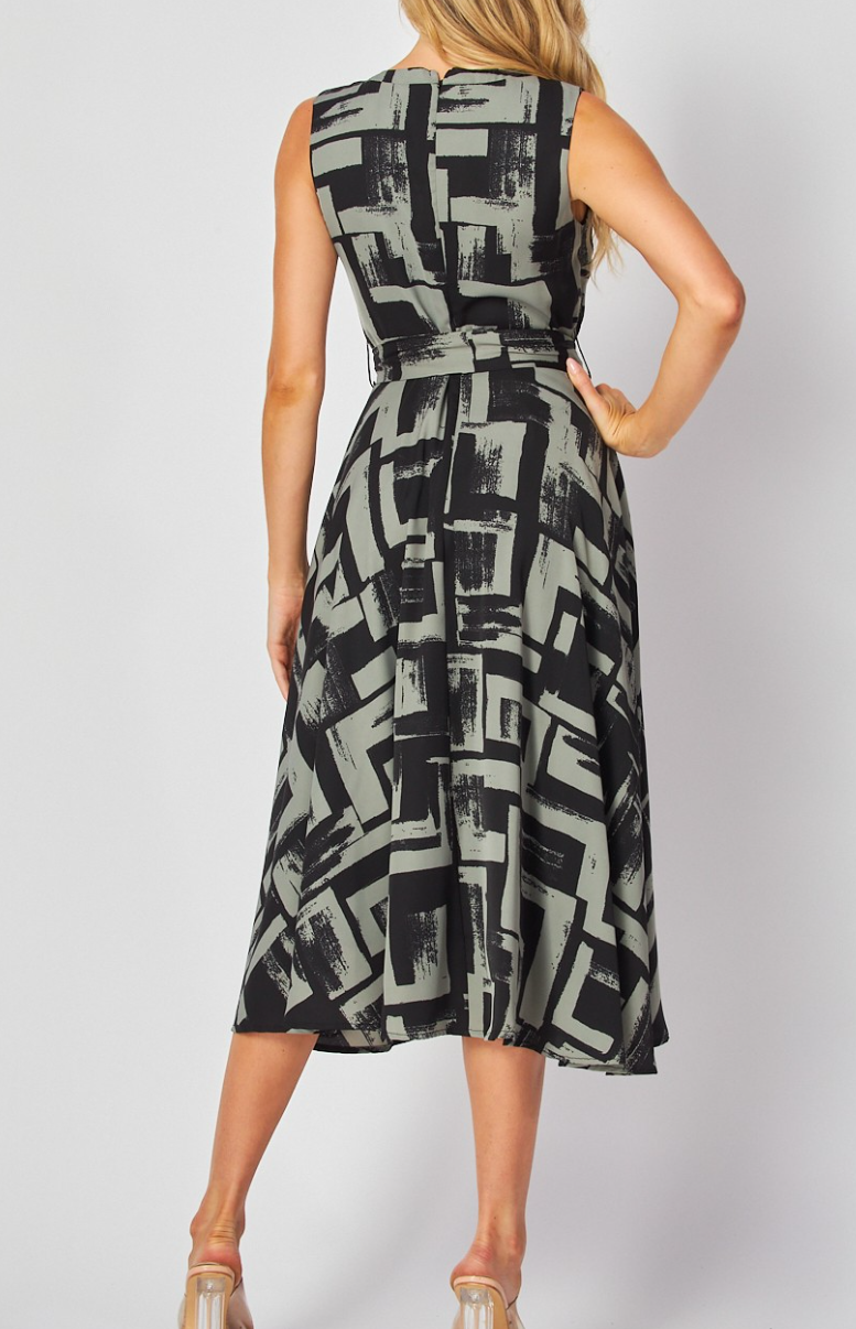 Woven Printed Sleeveless Midi Dress with Self Belt