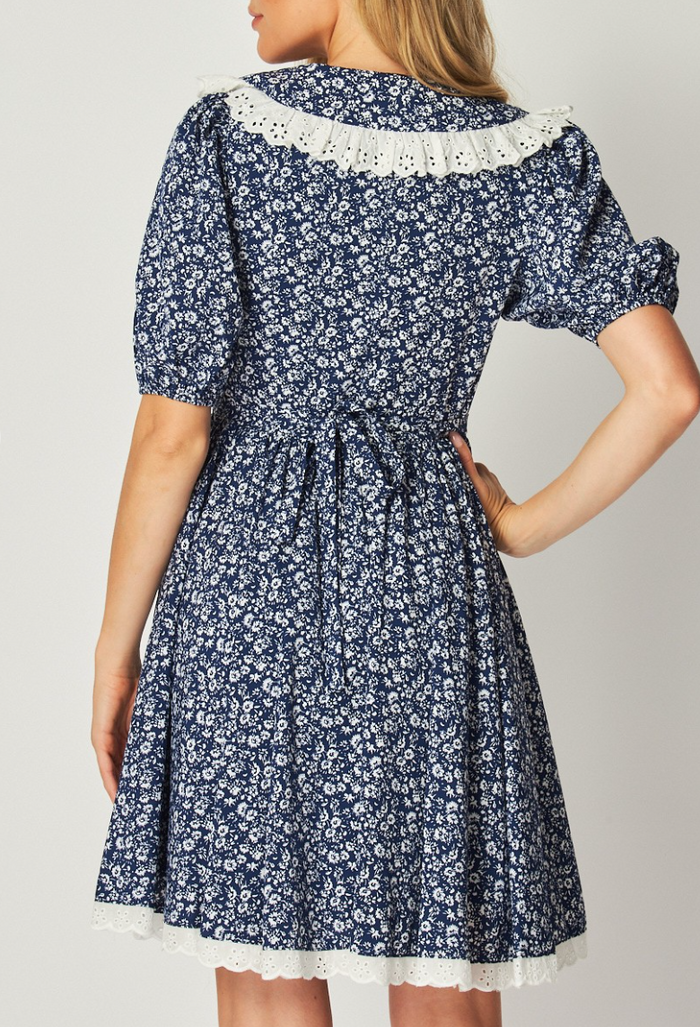 Woven Floral Short Bubble Sleeve Scoop Neck Button-Down Mini Dress with Lace Trim