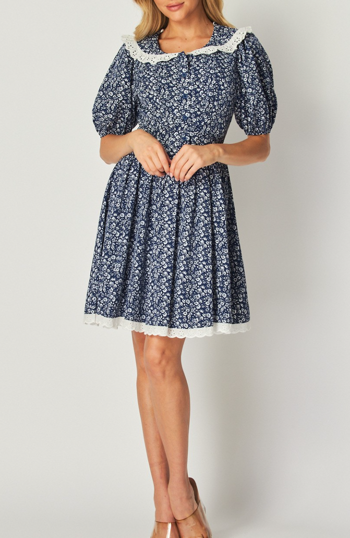 Woven Floral Short Bubble Sleeve Scoop Neck Button-Down Mini Dress with Lace Trim