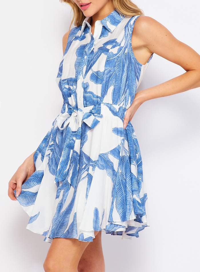 Woven Palm Print Sleeveless Button-down Mini Dress