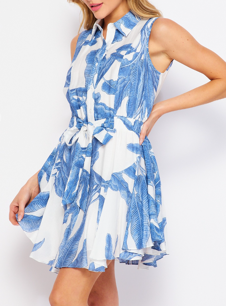 Woven Palm Print Sleeveless Button-down Mini Dress