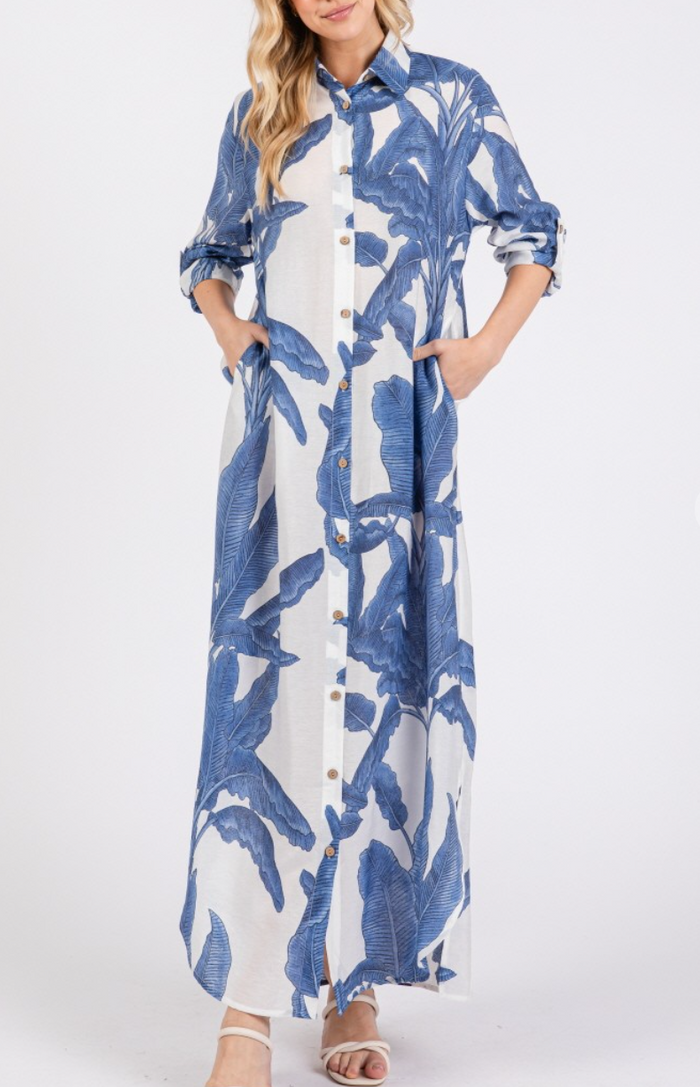 Woven Palm Print Button-Down Maxi Dress with Rolled-up Sleeve