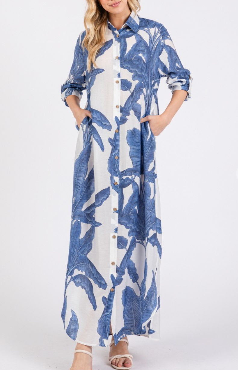 Woven Palm Print Button-Down Maxi Dress with Rolled-up Sleeve