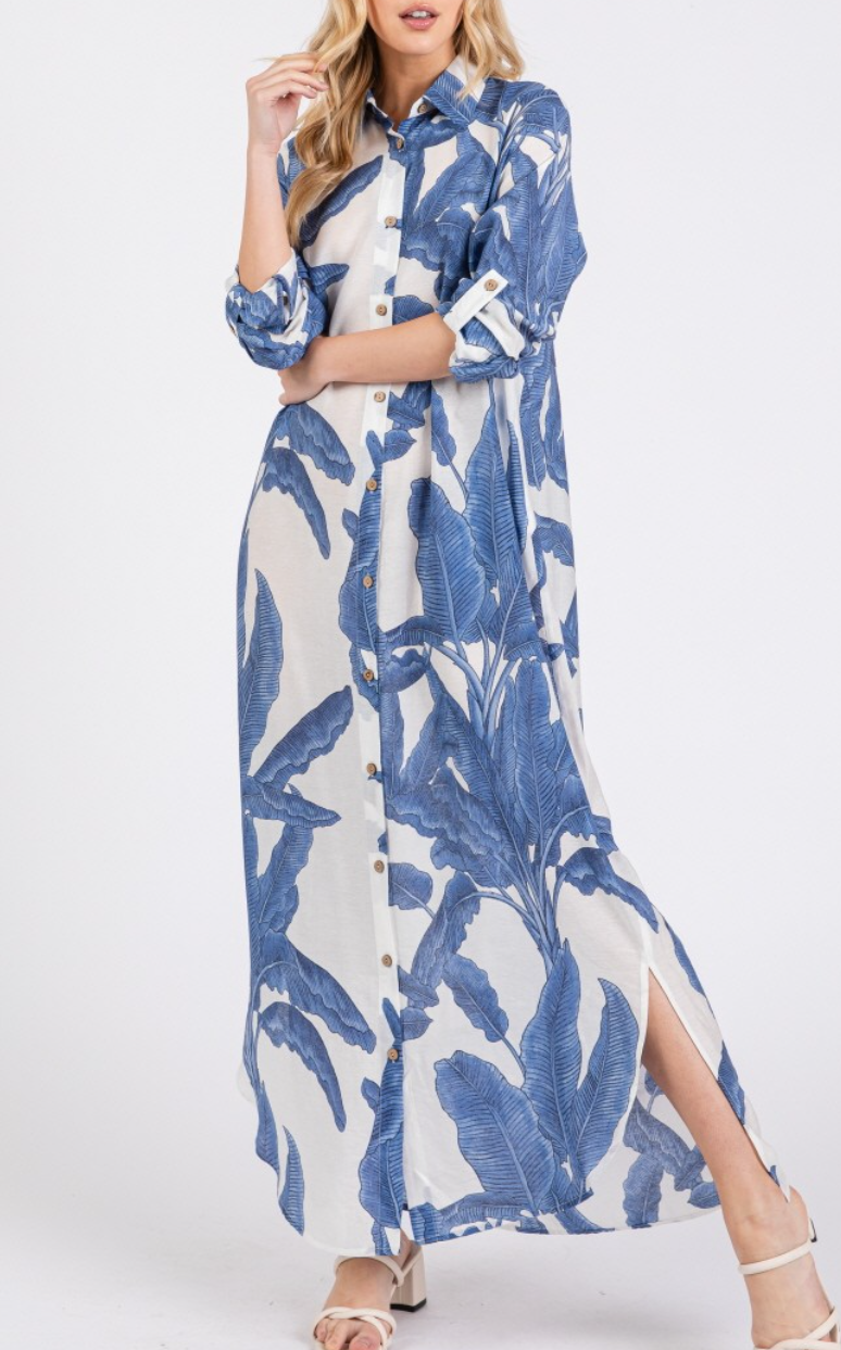 Woven Palm Print Button-Down Maxi Dress with Rolled-up Sleeve