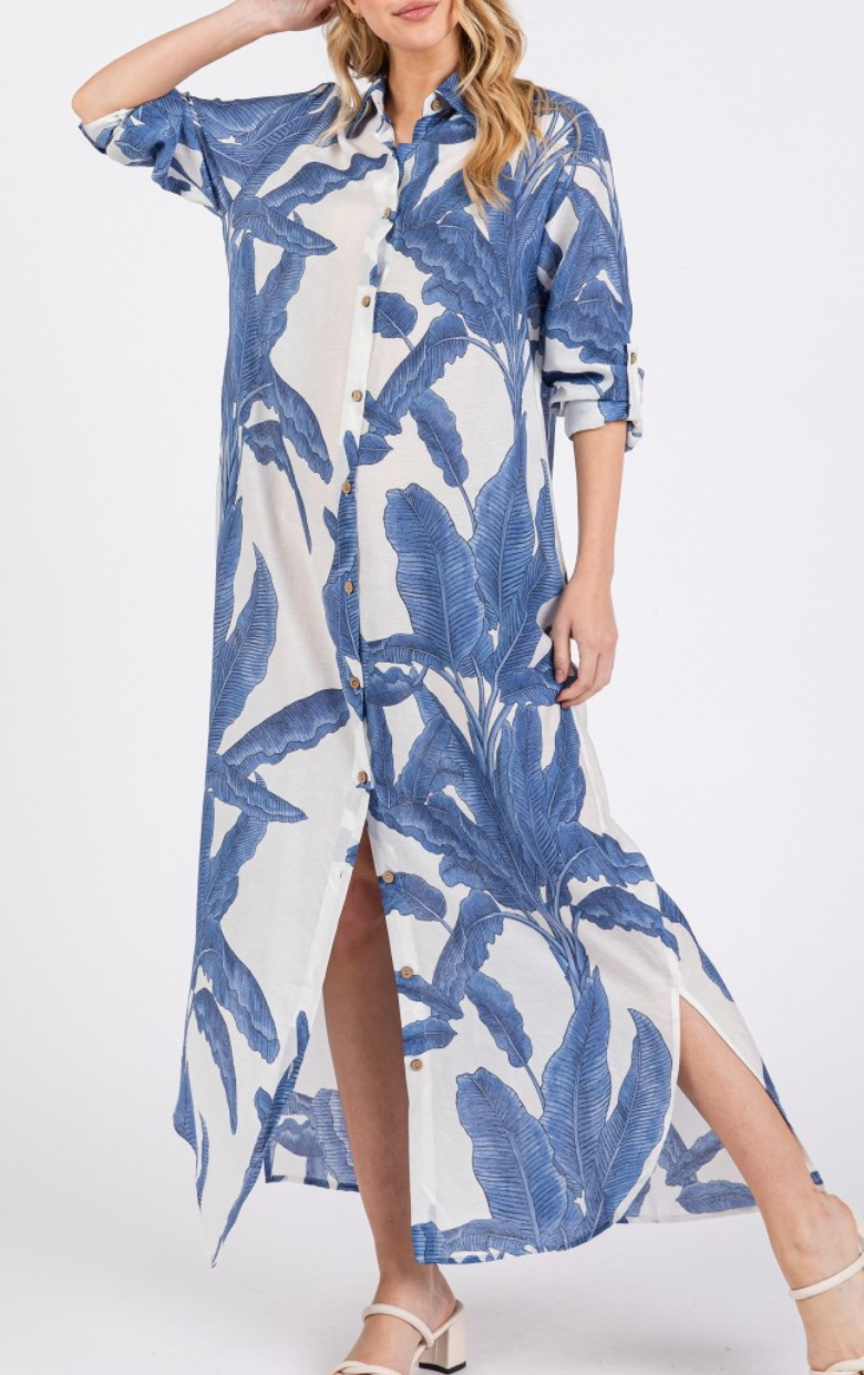 Woven Palm Print Button-Down Maxi Dress with Rolled-up Sleeve