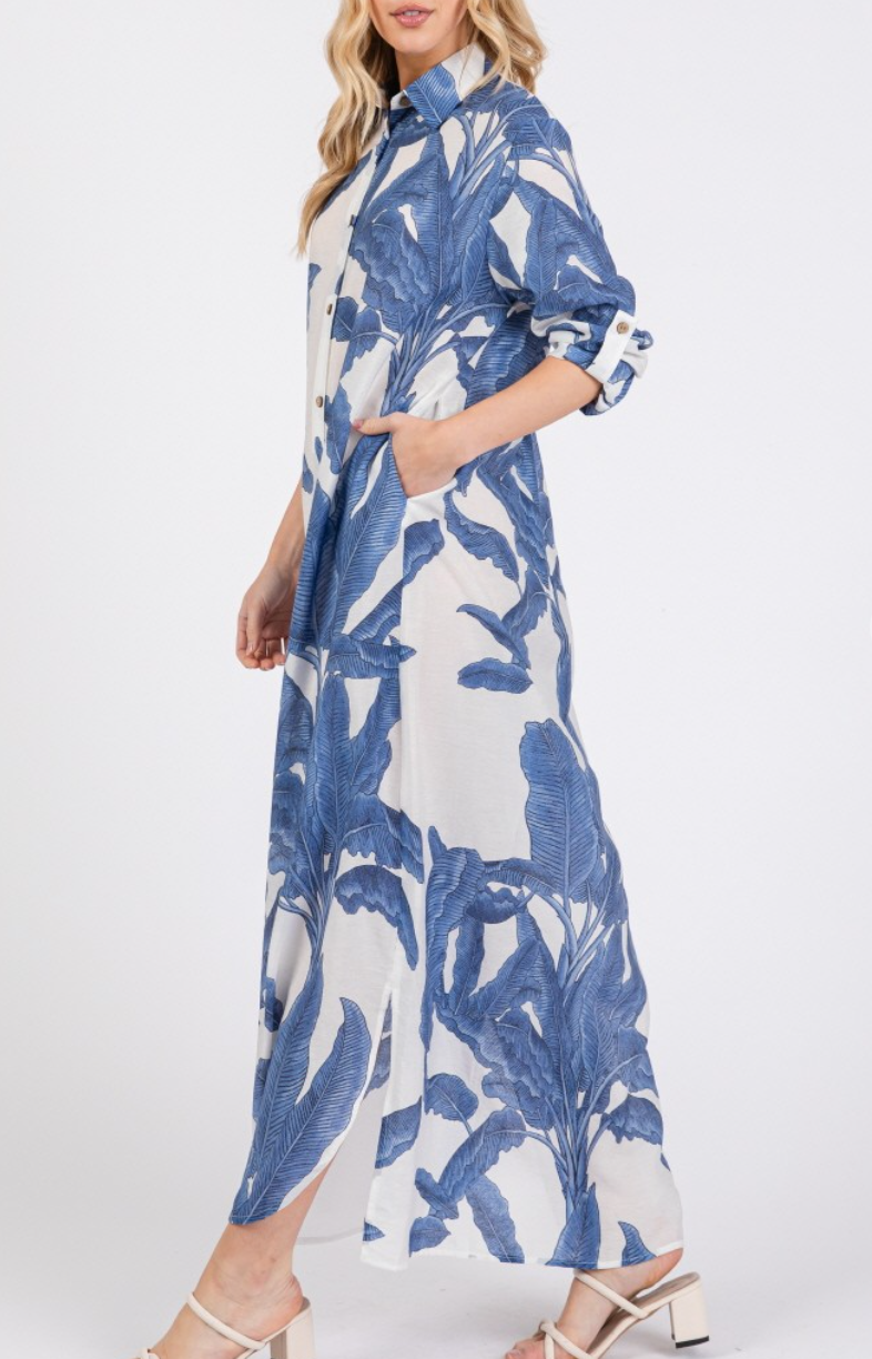 Woven Palm Print Button-Down Maxi Dress with Rolled-up Sleeve
