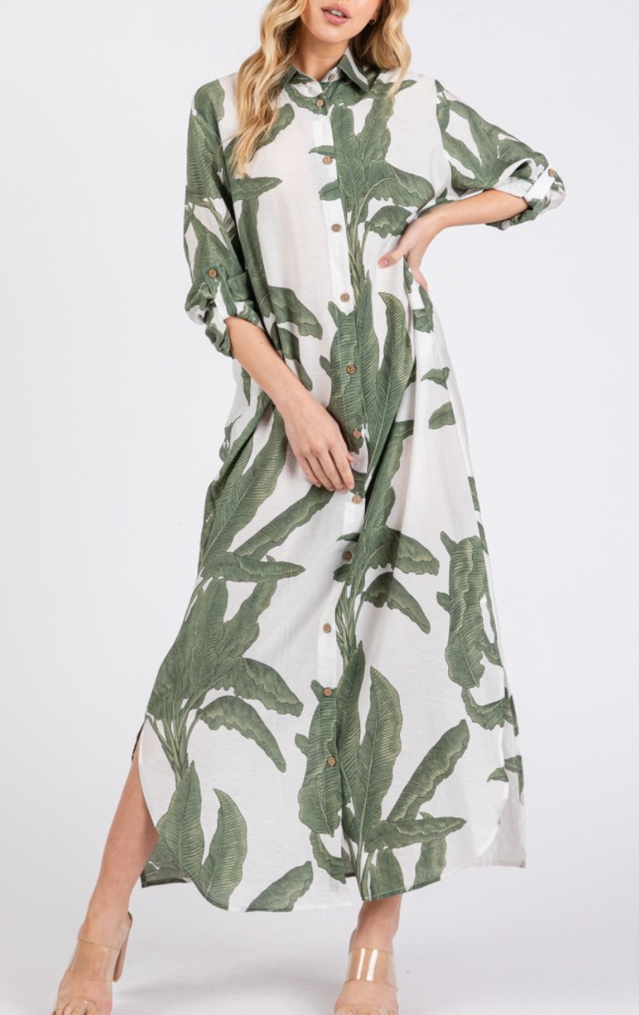Woven Palm Print Button-Down Maxi Dress with Rolled-up Sleeve