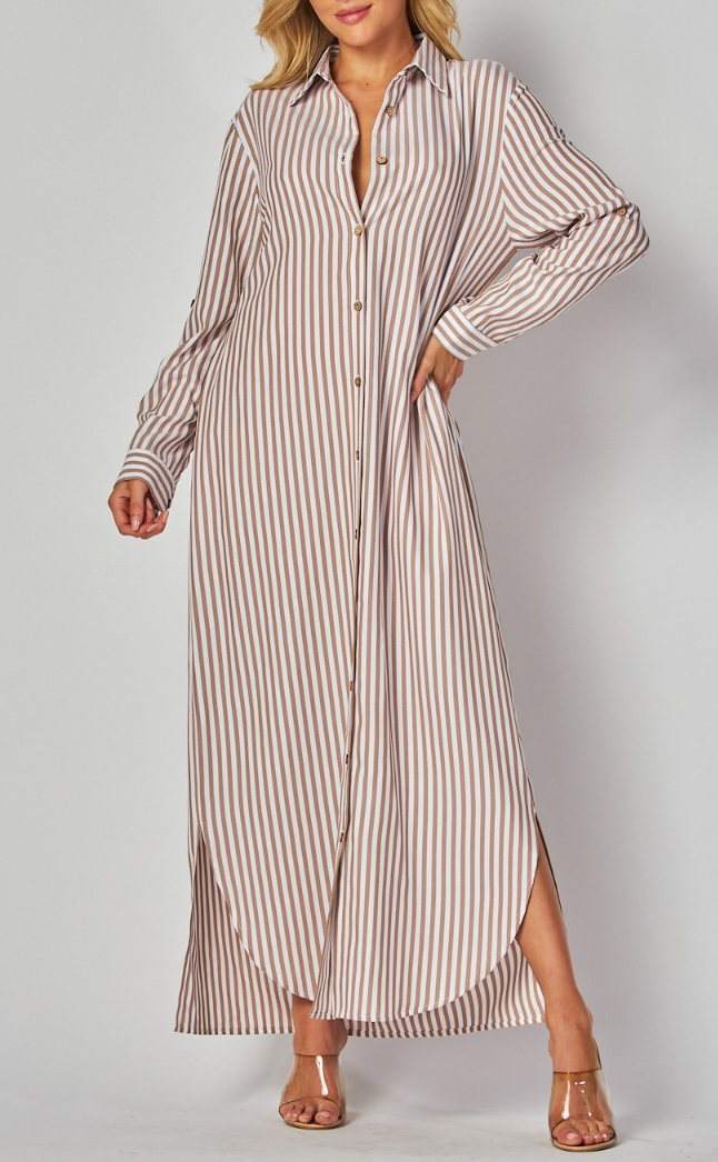 Woven Stripe Print Button-Down Maxi Dress with Rolled Sleeve
