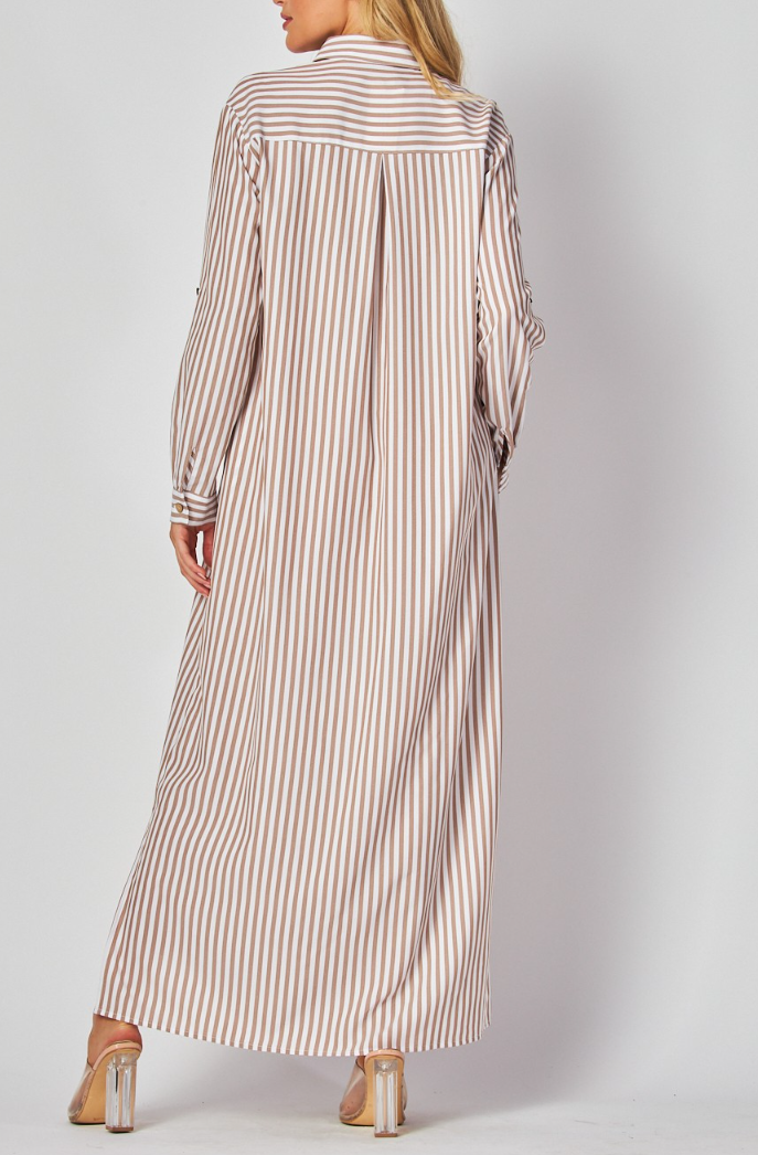 Woven Stripe Print Button-Down Maxi Dress with Rolled Sleeve