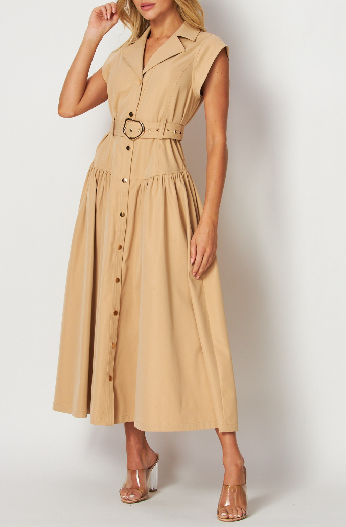 Woven Solid Cap Sleeve Button-Down Maxi Dress with Self Belt