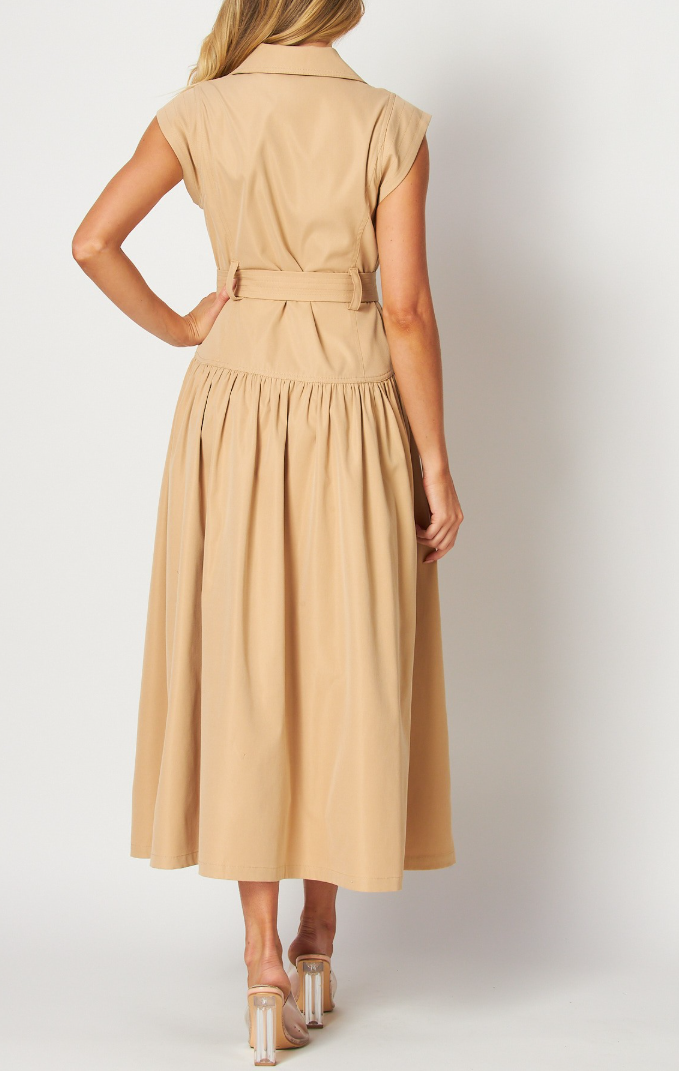 Woven Solid Cap Sleeve Button-Down Maxi Dress with Self Belt