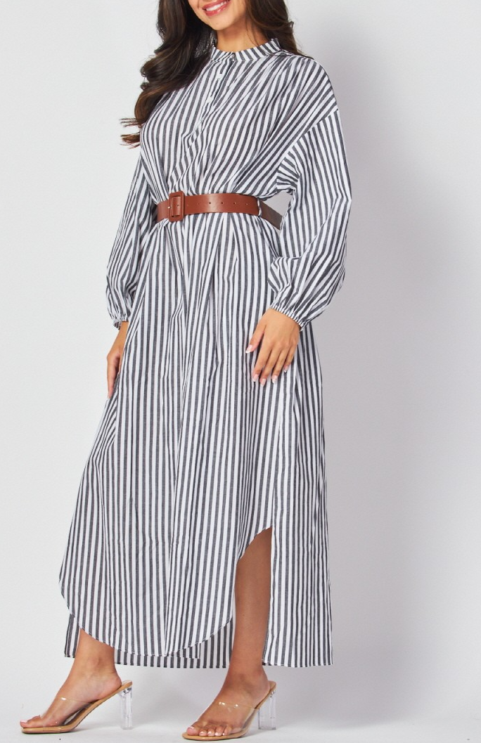 Woven Striped Print Long Sleeve Maxi Dress with Belt